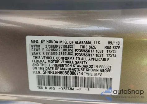 2011 Honda Odyssey Ex-L z USA, uszkodzony, nr VIN 5FNRL5H60BB006714